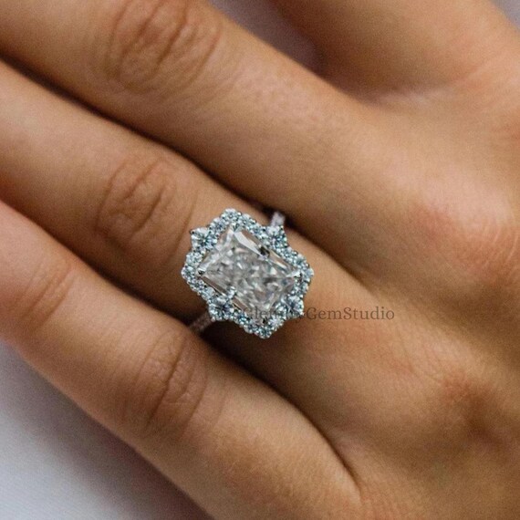 3 CT Radiant Cut Moissanite Engagement Ring 14K Solid White Gold Halo Set Wedding Anniversary Ring Promise Ring Gift For Her