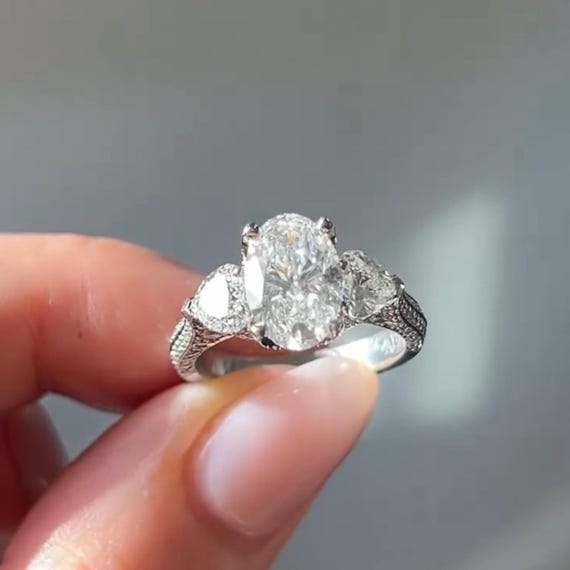 4 CT Oval Cut Moissanite Three Stone Engagement Ring Gift For Her 14K Solid Gold Ring Hidden Halo And Pave Set Anniversary Rings for Her