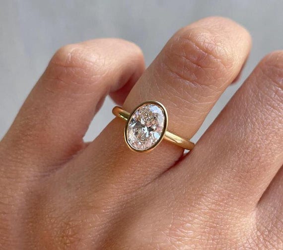 2.50 CT Oval Cut Tulip Set Solitaire Moissanite Engagement Ring 14K Yellow Gold Bezel Set Wedding Anniversary Ring Promise Ring Gift For Her