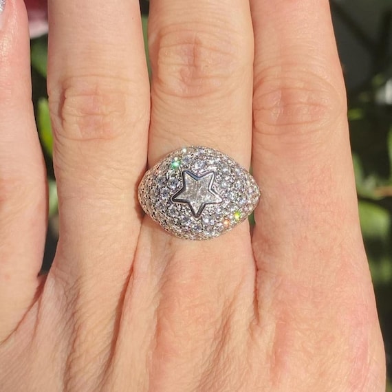Pave Diamond Star Ring Silver Dome Statement Ring Iced Out Hip Hop Jewelry Solid Gold Celestial Bling Ring Luxury Trendy Gift for Her