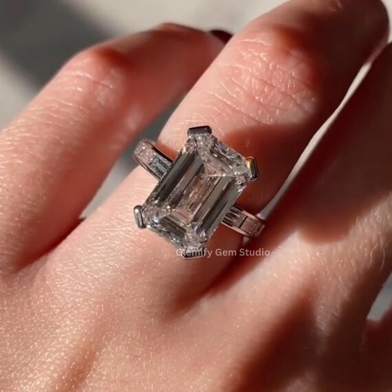3.00 CT Emerald Cut Moissanite Engagement Ring With Channel Set East West Baguette Cut Diamond Band 14K Solid Gold Wedding Gift Ring For Her