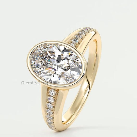 Unique 3CT Bezel Set Floating Oval Cut Moissanite Diamond Engagement Ring With 14K Solid Gold Split Shank Pave Set Wedding Gift Ring For Her