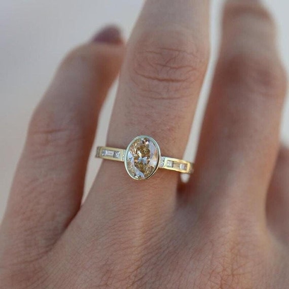 2.00 CTW Oval Cut Champagne Moissanite Wedding Ring 14K Solid Bezel Set Yellow Gold Pave Set Engagement Ring Anniversary Gift For Women