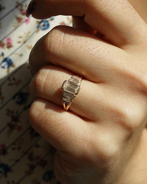 1.50 CT Emerald Cut Half Bezel Set Emerald Center Stone With Bar Set Baguette Cut Side Stones 14K Solid Gold Serious Sparkle Wedding Ring