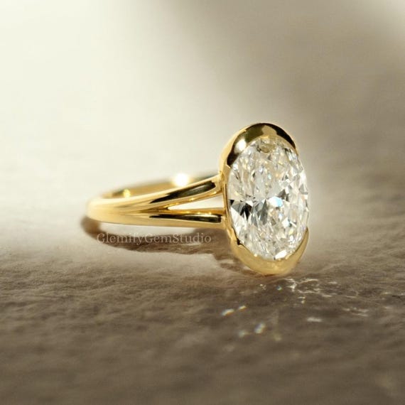 Half Bezel 3 CT Oval Cut Split Shank IGI Lab Grown Diamond Engagement Ring 14K Solid Yellow Gold Solitaire Wedding Ring Perfect For Her
