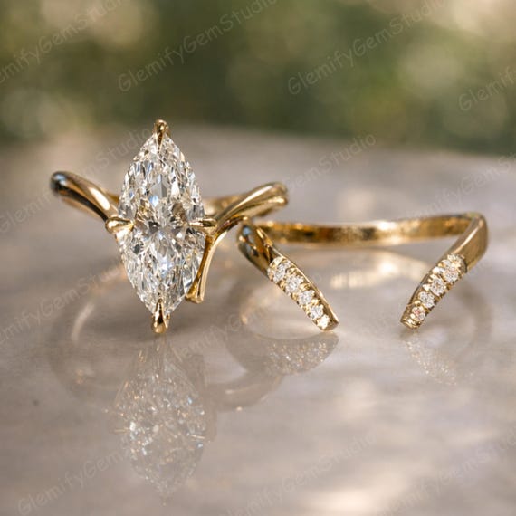 3 CT Marquise Cut IGI Lab Grown Diamond Engagement Ring Set Vintage Solitaire Ring With Unique Matching 14K Solid Gold Wedding Band Ring Set