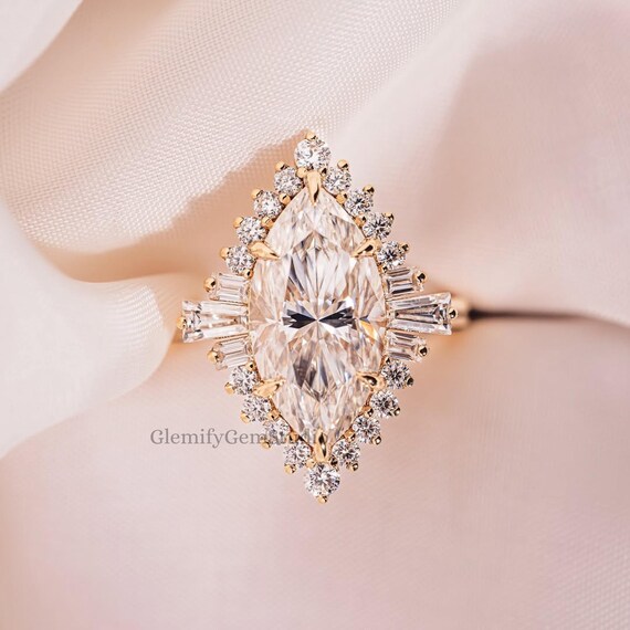 Unique Starburst 3 CT Marquise Cut Moissanite Diamond Engagement Ring 14K Solid Gold Solitaire Wedding Ring Anniversary Gift Ring For Her