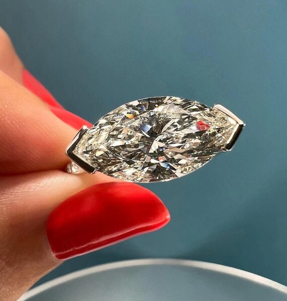 3.00 CT Half Bezel Set Marquise Cut Moissanite Engagement Ring 14K Solid Gold East West Solitaire Wedding Ring Propose Ring For Her Wedding