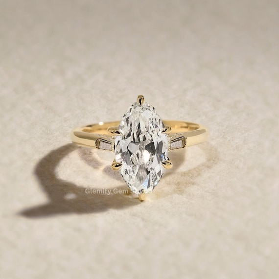 3.00 CT Marquise Cut With Side Baguette Cut Moissanite Three Stone Engagement Ring 14K Solid Gold Solitaire Tulip Set Wedding Ring Gift Ring