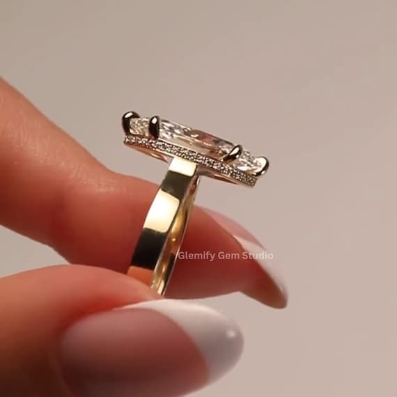Unique 4 CT Marquise Cut Hidden Halo Moissanite Engagement Ring 14K Solid Gold Thick Band With Art Deco Pave Set Wedding Gift Ring For Her