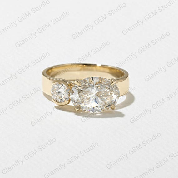 Bezel Set East West 3 TCW Oval & Round Cut Moissanite Diamond Engagement Ring 14K Gold Solitaire Wedding Cigar Band Anniversary Gift Ring