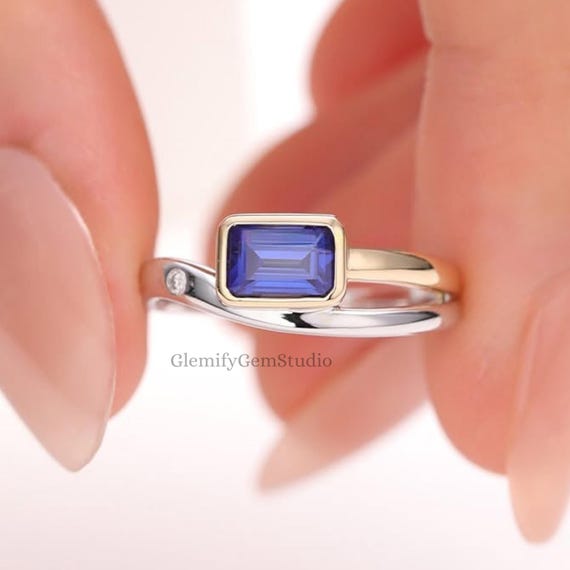 Bezel Set 2 CT Blue Emerald Cut Moissanite 14K Gold Engagement Ring