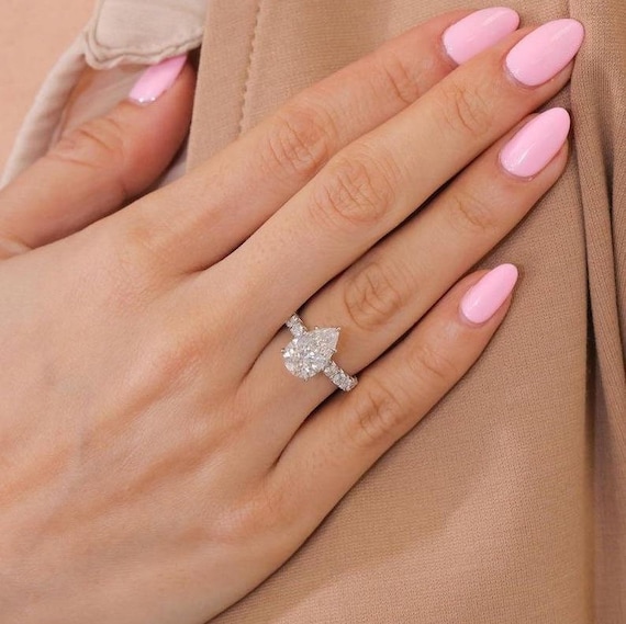 3.50 CT Pear Cut Moissanite Engagement Ring 14K Solid Tear Drop White Gold Pave Setting Ring With Hidden Halo Ring Anniversary Gift for Her