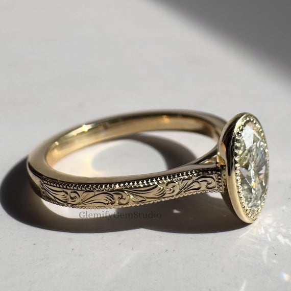 Vintage 2 CT Bezel Set Oval Cut IGI Lab Grown Diamond Engagement Ring 14K Solid Gold Unique Hand engraved Wedding Ring Perfect Gift Ring