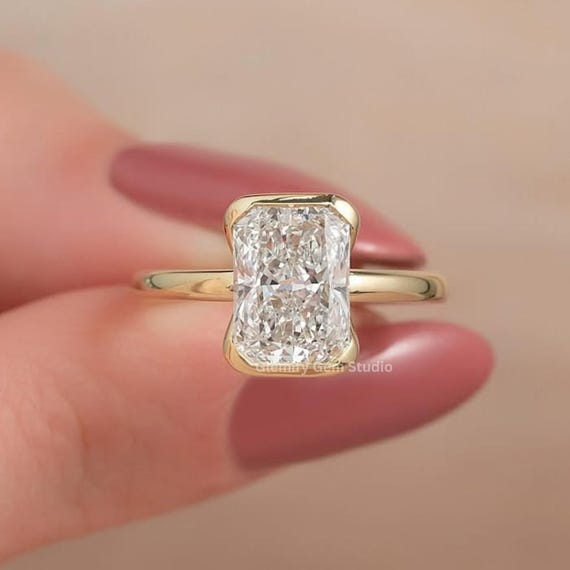 3 CT Radiant Cut Half Bezel Set Moissanite Diamond Engagement Ring 14K Solid Gold Solitaire Half Bezel Set Wedding Anniversary Gift Ring