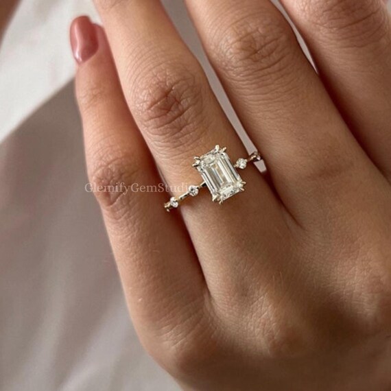 3 CT Double Prong Emerald Cut Moissanite Thin Engagement Ring 14K Solid Gold Distance Pave Set Knife Profile Dainty Wedding Anniversary Ring