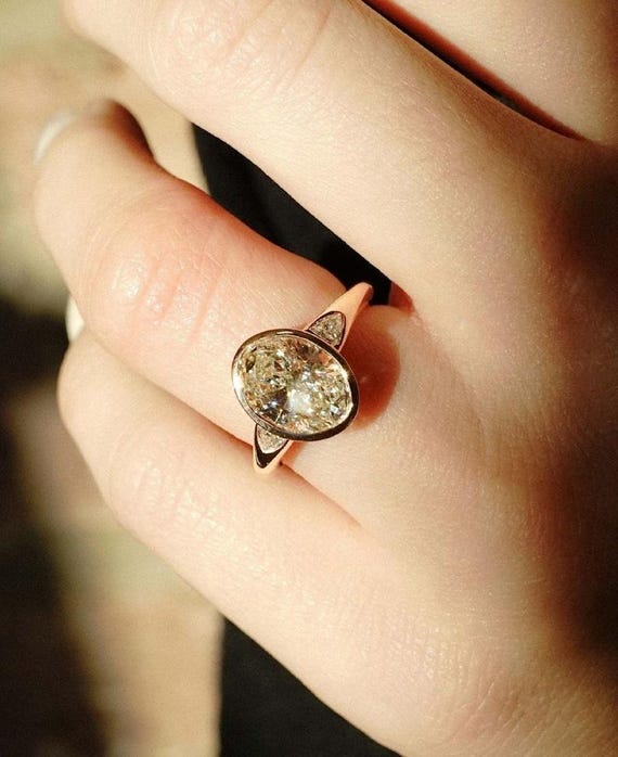 Unique 2.50 CT Bezel Set Oval Cut Moissanite Diamond Engagement Ring 14K Solid Yellow Gold Three Stone Wedding Ice Crushed Oval Cut Ring