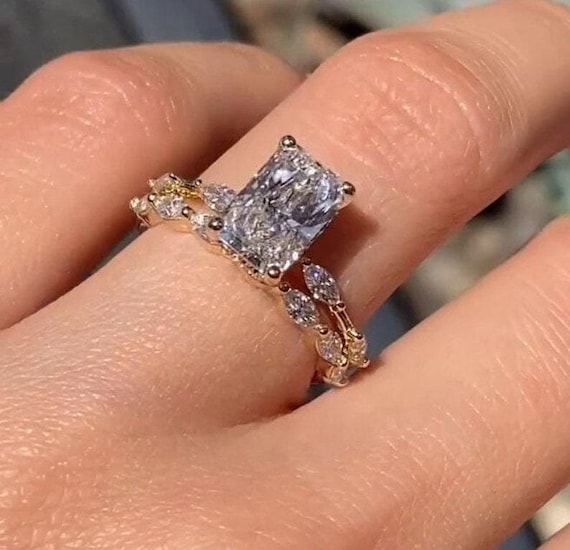 2.00CT Radiant Cut Moissanite Engagement Ring Set 14K Solid Gold Hidden Halo Marquise Pave Ring Set Anniversary Gift For Her Rings for Women