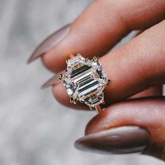 Three Stone 4.00 CT Emerald Cut Moissanite Engagement Ring 14K Solid Yellow Gold Double Prong Solitaire Ring Trapezoid Ring Gift For Her