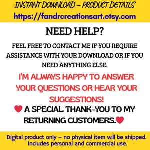 May include: A digital product announcement with a yellow and white background. The text includes "Instant Download," a website address, and a message offering assistance. It also thanks returning customers and notes the product's digital nature.