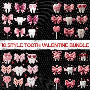 Könnte beinhalten: Eine Sammlung von Illustrationen zum Valentinstag mit Zeichentrickzähnen mit Schleifen, Herzen und Flügeln. Der Text "10 STYLE TOOTH VALENTINE BUNDLE" ist rot. Der Hintergrund ist schwarz mit weißen Wellenlinien.