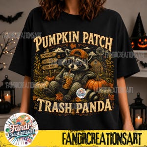 Mapache de la basura PNG de campo de calabazas, mapache lindo de otoño por sublimación, diseño de camiseta de calabaza de otoño, descarga digital vintage de Halloween