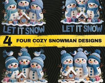 Pacchetto PNG di pupazzi di neve accoglienti, 4 disegni di pupazzi di neve invernali, PNG natalizi, sublimazione Let It Snow, PNG per magliette invernali