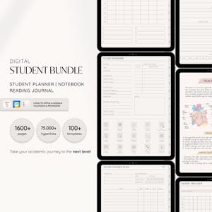 May include: Digital student planner bundle with over 1600 pages, 75,000 hyperlinks, and 100 templates. The bundle includes a student planner, notebook, and reading journal. The image shows a digital planner with a class overview, study session plan, and grade tracker.