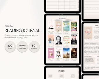 May include: A digital reading journal with over 800 pages, 45,000 hyperlinks, and 50 templates. The journal features a library section with book covers, a notes section, and an index. The text "DIGITAL READING JOURNAL" is displayed at the top of the image.
