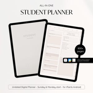 Peut inclure: Une application de planificateur d'études numérique sur une tablette avec un fond blanc. L'application a un design simple avec un calendrier, une liste de tâches et une section de notes. L'application n'est pas datée et peut être utilisée pour toute année scolaire. L'application est compatible avec les appareils iPad et Android. L'application contient des liens vers les calendriers et les rappels Apple et Google.