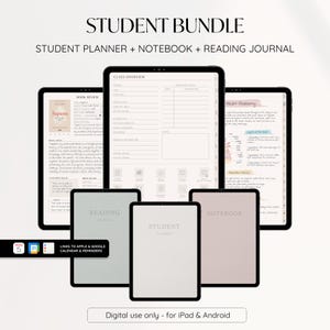 Peut inclure: Un ensemble numérique pour étudiants pour iPad et Android. L'ensemble comprend un agenda étudiant, un cahier et un journal de lecture. L'agenda comprend une section d'aperçu des cours, une section de revue de livre et des liens vers les calendriers Apple et Google et des rappels. Le cahier comprend une section sur l'anatomie du cœur. Le journal de lecture comprend une section pour les notes de lecture.