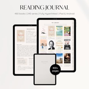 Puede incluir: Una interfaz de aplicación de diario de lectura digital con un fondo blanco y el texto "READING JOURNAL" en negro. La aplicación presenta una biblioteca de libros, una sección de reseñas de libros y un rastreador de lectura. La aplicación está diseñada para dispositivos iPad y Android. El texto "480 libros | 240 series | Totalmente hipervinculados | iPad y Android" se muestra debajo del título.