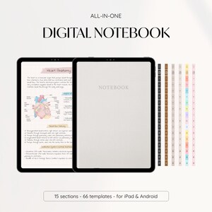 May include: A digital notebook app for iPad and Android with 15 sections and 66 templates. The app features a light gray interface with the word "NOTEBOOK" in the center. The app also includes a variety of templates, including a heart anatomy template with a detailed illustration of the heart.