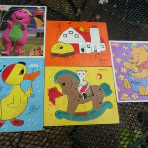 Lot of 5 Vintage Wood Puzzles Kids Puzzles Barney Winnie the Pooh Rocking Horse Duck Barn image 1
