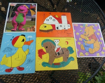 Lot of 5 Vintage Wood Puzzles Kids Puzzles Barney Winnie the Pooh Rocking Horse Duck Barn