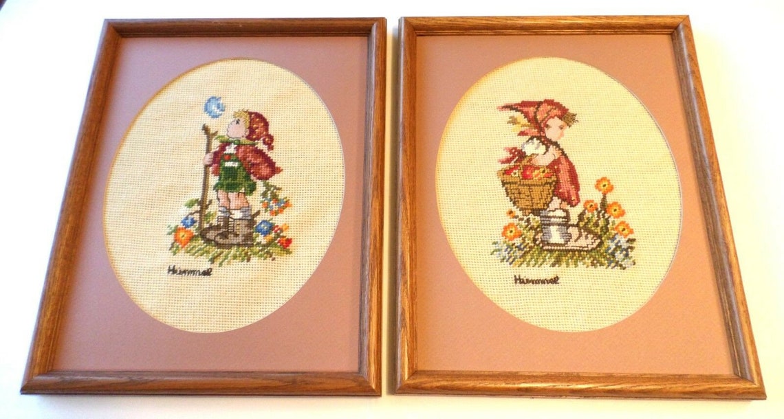 Lot 2 Hummel Cross Stitch Completed Finished & Framed Boy Girl Etsy