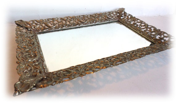 Vintage Gold Filigree Framed Mirror Tray Vanity 13 5 X Gold Filigree Framed Mirror Tray