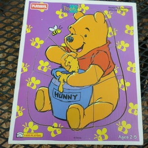 Lot of 5 Vintage Wood Puzzles Kids Puzzles Barney Winnie the Pooh Rocking Horse Duck Barn image 4