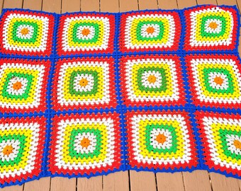 Vintage Colorful Granny Square Afghan Crocheted Afghan Red Blue Green Yellow Cream Afghan