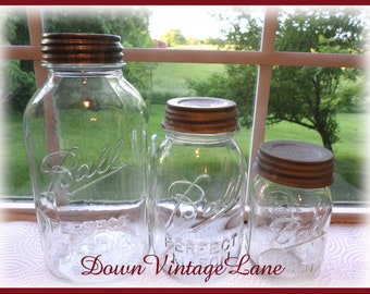 Vintage BALL Clear Mason HALF Gallon, Quart and Pint Sized Vintage Jars Canning Jars Fruit Jars Cannister Set