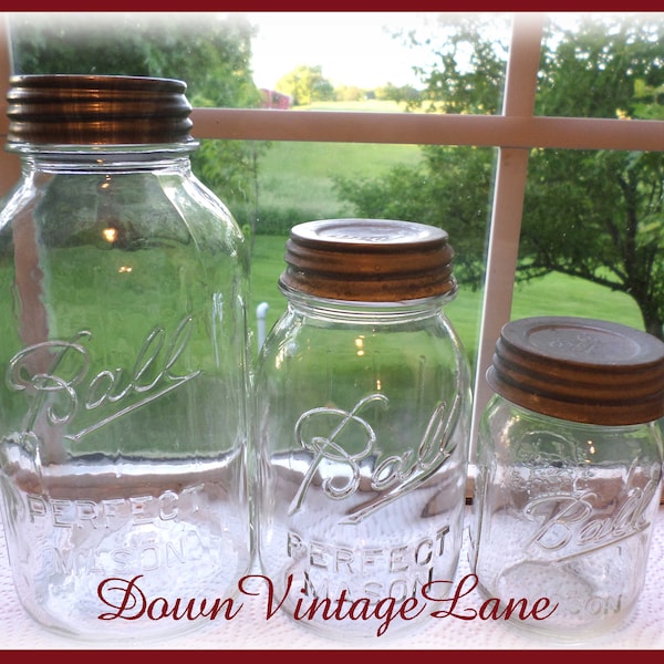 Vintage BALL Clear Mason HALF Gallon, Quart and Pint Sized Vintage Jars Canning Jars Fruit Jars Cannister Set