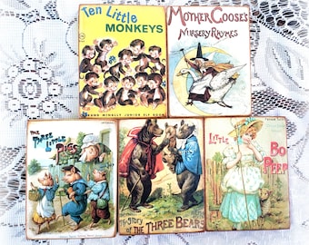 5 Wooden Blocks Vintage Look Childrens Books Three Bears Little Bo Peep Three Little Pigs Mother Goose Ten Little Monkeys Baby Decor