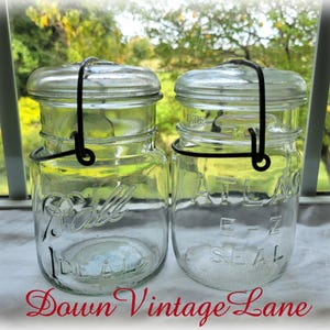 2 Vintage Clear Ball Ideal and Atlas E-Z Seal PINT Size Jars with Wire Handles