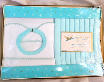 Vintage Baby Blue Boxed Gift Set Receiving Blanket Towel Bib by Riegel