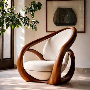 Silla auxiliar moderna de madera, sillón escultural de nogal, sillón tapizado en color crema, silla moderna de diseño orgánico