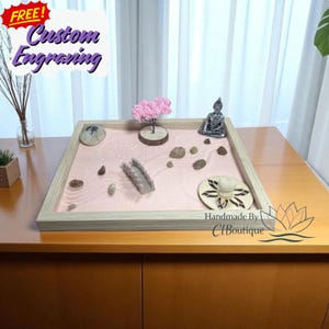 Miniature Zen Garden Set with Pink Sand Buddha Statue Stones and Blossoms for Meditation Desk Decor and Mindful Gifting