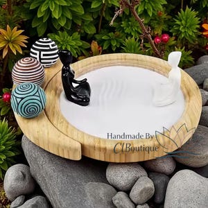 Mini Zen Garden With Meditating Figurines Decorative Balls Wooden Base Tabletop Mindfulness Kit Relaxation Decor Gift For Home Office