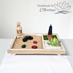 Mini Sand Garden Handcrafted Tabletop Zen Garden with Mini Buddha Statue for Meditation Japanese Tranquility Feng Shui Decor Gift Set