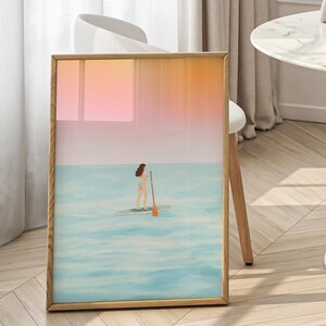 Minimalist Paddle Board Art, Tiny Girl SUP Ocean Illustration, Coastal Beach Decor (Digital Download)