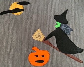 Halloween Witch Appliqued Table Placemat/Appliqued Witch Table Topper